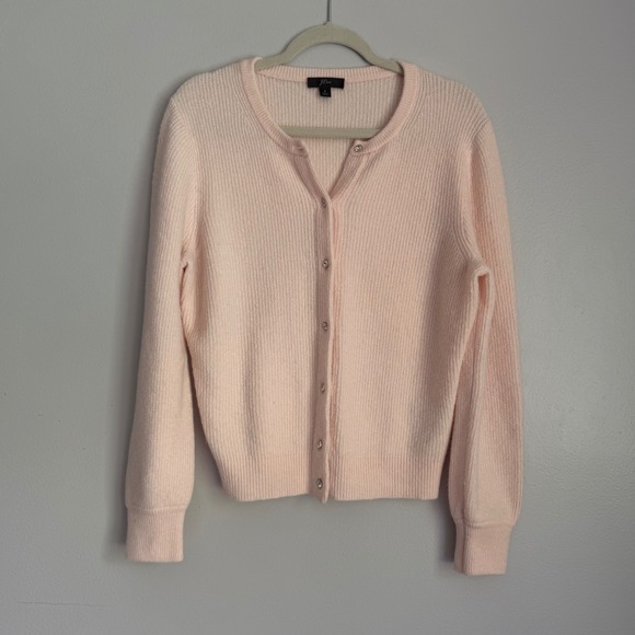 J.Crew Sweaters - J.Crew Pink Ribbed Merino Wool Alpaca Blend Rhinestone Button Cardigan Small